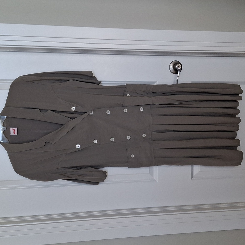 Mondi Drop Waist Dress Khaki Size M (EU42) Double Button EUC Rayon Blend